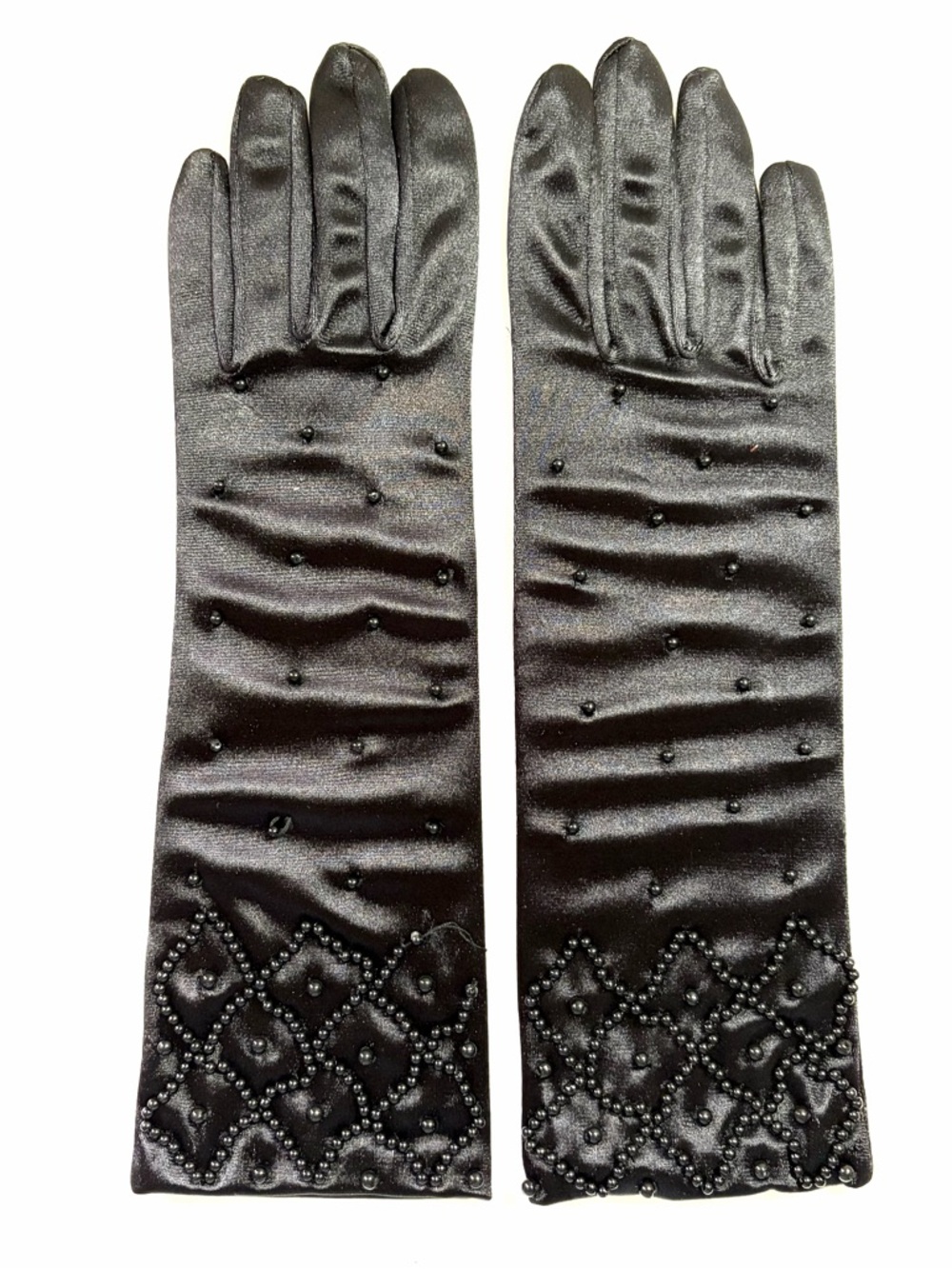 Vtg Womens Black Satin Beaded Gloves Old Hollywood Gala Prom NOS